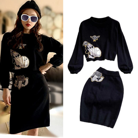 2 Piece Knitting Skirts Set Women Spring Autumn Knitted Skirt Suits Casual Cute Cartoon Brand Design Women Skirt Set NS964