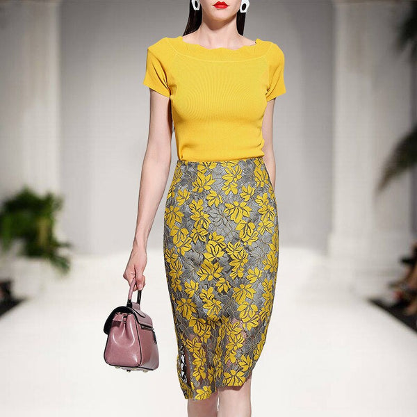 2 Piece Runwy Women Summer Twinsets Slash Neck Knit Tops And Vintage Retro Floral Lace Long Mid-Calf Ladies Skirt Suits NS216