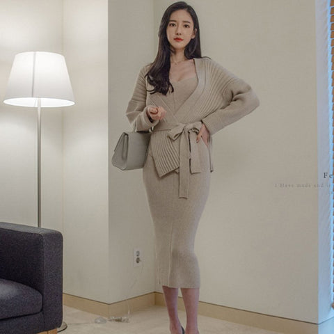 2 Piece Set Women Sweater Dresses 2022 New Winter Casual Bandage Knitted Dress Vintage Party Bodycon Package Hip Dress Vestidos