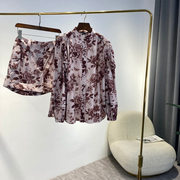 2 Piece Sets 2023 Spring   Drawstring Shoulder Long Sleeve Cotton Blouses And High Waist Shorts