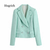 2 Pieces Set Women Texture Cropped Blazer+Shorts Set Vintage Double Breasted With Pocket Woman Suit Sets