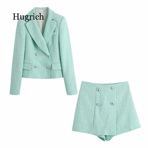 2 Pieces Set Women Texture Cropped Blazer+Shorts Set Vintage Double Breasted With Pocket Woman Suit Sets