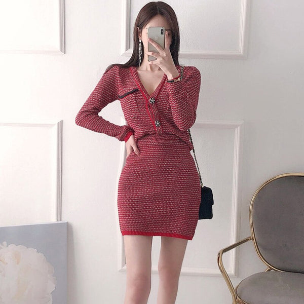 2 Pieces Set Women Spring Knitted V-neck High Waist Sheath Pencil Skirts Office Lady Skirt Suit Bottoming Sets