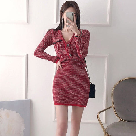 2 Pieces Set Women Spring Knitted V-neck High Waist Sheath Pencil Skirts Office Lady Skirt Suit Bottoming Sets