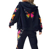 2 Pieces Sport Suit Set For Women Spring Autumn Set Butterfly Print Long Sleeve Hooded Top+Pants Plus Size White/Black