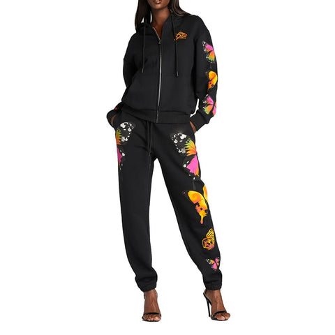 2 Pieces Sport Suit Set For Women Spring Autumn Set Butterfly Print Long Sleeve Hooded Top+Pants Plus Size White/Black