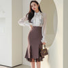 2 Pieces Suit Women Ruffle Chiffon Top And Sheath Mermaid Skirts Elegant Slim Stitching Lace Split Lady Skirt Suit