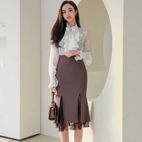 2 Pieces Suit Women Ruffle Chiffon Top And Sheath Mermaid Skirts Elegant Slim Stitching Lace Split Lady Skirt Suit
