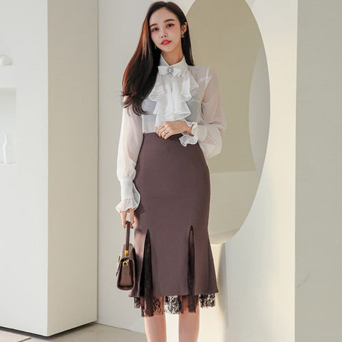 2 Pieces Suit Women Ruffle Chiffon Top And Sheath Mermaid Skirts Elegant Slim Stitching Lace Split Lady Skirt Suit