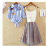 2 Pieces Tutu Dress Women Shirt And Sling Veil Dress Suit Cute Mesh Vest Ballet Dress Summer Blue White Shirt Princess Dresses