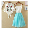 2 Pieces Tutu Dress Women Shirt And Sling Veil Dress Suit Cute Mesh Vest Ballet Dress Summer Blue White Shirt Princess Dresses