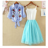 2 Pieces Tutu Dress Women Shirt And Sling Veil Dress Suit Cute Mesh Vest Ballet Dress Summer Blue White Shirt Princess Dresses