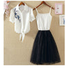 2 Pieces Tutu Dress Women Shirt And Sling Veil Dress Suit Cute Mesh Vest Ballet Dress Summer Blue White Shirt Princess Dresses