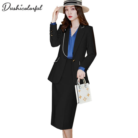 2 Pieces Women Blazer+Skirt Set Vintage Stylish Notched White Jacket Coats+Skirt Single Breasted Outerwear Ladies Formal Suit
