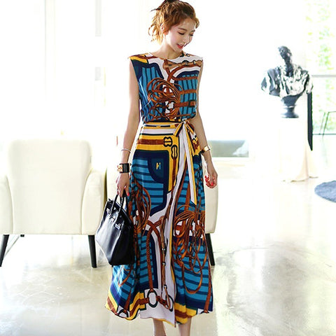 2 Pieces Women Summer Skirt Suits Twinset Vintage Pattern Print Sleeveless Tops And Long Bohemian Bows Party Skirt Suit CC016