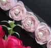 2 Yard Pink Rose Flower Pearl Chiffon Embroidered Lace Trim Ribbon Fabric Handmade DIY Vintage Wedding Dress Sewing Craft
