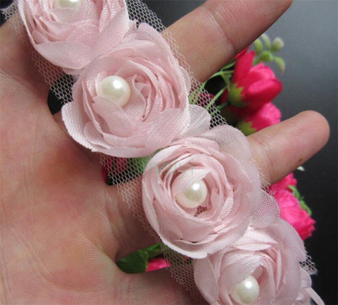 2 Yard Pink Rose Flower Pearl Chiffon Embroidered Lace Trim Ribbon Fabric Handmade DIY Vintage Wedding Dress Sewing Craft