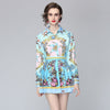 2-piece Set European And American Ladies Print Spring And Summer Female Casual Shirt + Pleated Half Skirt Ladies