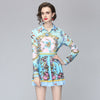 2-piece Set European And American Ladies Print Spring And Summer Female Casual Shirt + Pleated Half Skirt Ladies