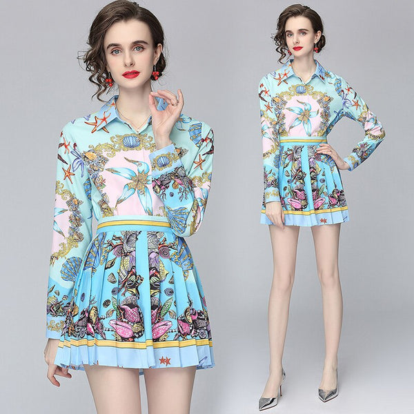 2-piece Set European And American Ladies Print Spring And Summer Female Casual Shirt + Pleated Half Skirt Ladies