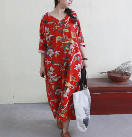 2015 Print  women's fluid one-piece dress vintage printing loose Robe17502-20