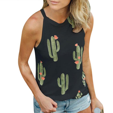 Cactus Printed Sleeveless Vest Tops Women Shirts Sexy Ladies fitness Tee Tank Summer Loose Halter Shirt Orange/Black/White