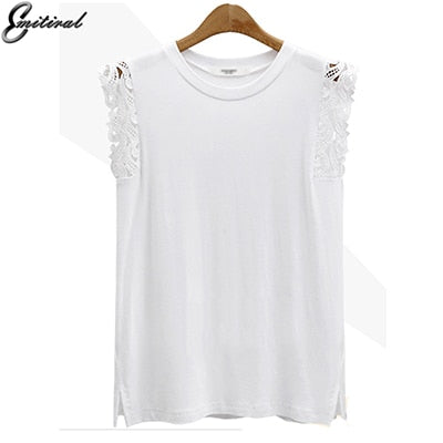 European Summer Fashion Women Tank Tops Sexy Hollow Out Lace Decoration Black White Grey Top Plus Size 4XL T-Shirt Tees