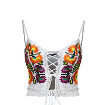 Fashion New Sexy Cross Lace up Hollow Out Camisole Top Summer Women Crop Tops Boho Floral Embroidery Camis Women trendy Top