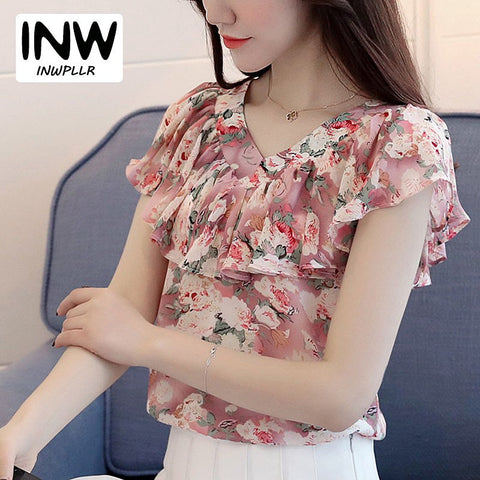 2023 Floral Print Blusas Femininas Summer Chiffon Blouses Ruffled V Neck Short Sleeve Women Tops Elegant Shirts Femme