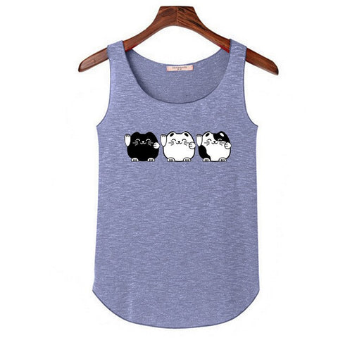 New Spring Summer Super Cute Three Cat Printing Tank Tops Women Sleeveless O-neck Slim T Shirt Ladies crop top Shirts Women