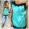 New Summer Tank Tops Women Off The Shoulder Lace Hem Tops Colorful Spaghetti StrapFemale Sexy Satin Tank Top Lady DP801173