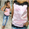 New Summer Tank Tops Women Off The Shoulder Lace Hem Tops Colorful Spaghetti StrapFemale Sexy Satin Tank Top Lady DP801173