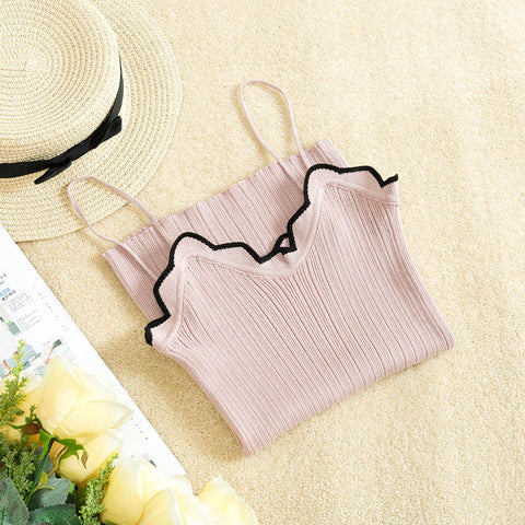 Ruffles Knitted Tank Tops Women Sexy Sweet V-neck Crop tops Womens Hight Qualite Solid Tops Kawaii Pink Beige T shirts