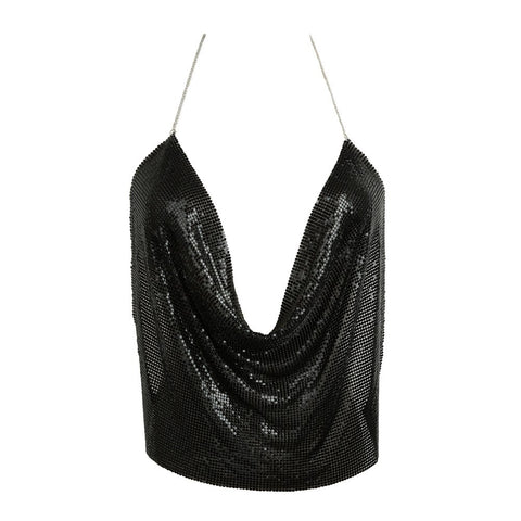 Summer Fashion Women Gold Metal Crop Top Sexy Halter Sequin Chain Backless Tops Club Vest Sleeveless Party Tank Top Camis