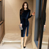 Winter Party Office Dresses for Women Solid Long Sleeve Black Bodycon Vintage Vestidos Velvet Dresses Split Sheath Dress