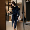 Winter Party Office Dresses for Women Solid Long Sleeve Black Bodycon Vintage Vestidos Velvet Dresses Split Sheath Dress
