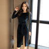 Winter Party Office Dresses for Women Solid Long Sleeve Black Bodycon Vintage Vestidos Velvet Dresses Split Sheath Dress