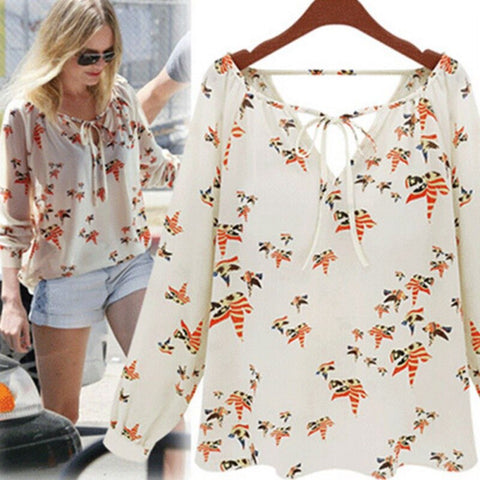 2023 Women Chiffon Top Blouse Short Long Sleeve Dove Print Casual Loose Shirt Blusa Feminino