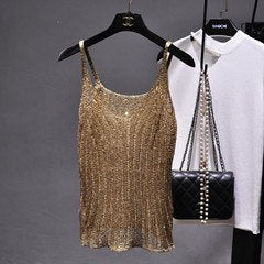 Women Gold Lurex knit Tank Camis top Sexy Hollow out Camisole big V-neck Slim Shining Spaghetti Basic Top wear Summer Tops
