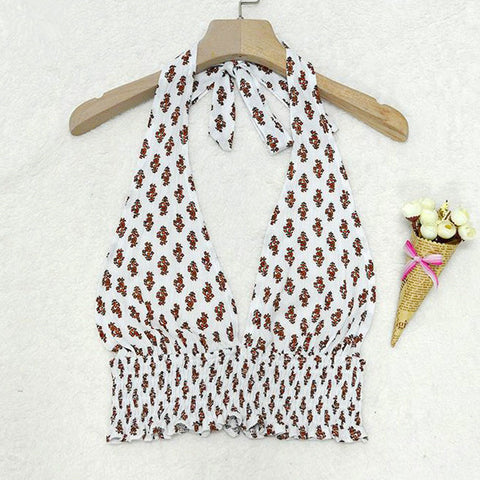 Women Summer Sexy Fashion White Halter Plunge Deep V Neck Floral Print Crop Camisole Sleeveless Tied Back Elastic Waist Top