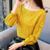 2022 Autumn 3/4 Sleeve O Neck Hollow Out Yellow Lace Blouses Women Hollow Out Green Lace Shirts Lady 3/4 Sleeve White Lace Tops