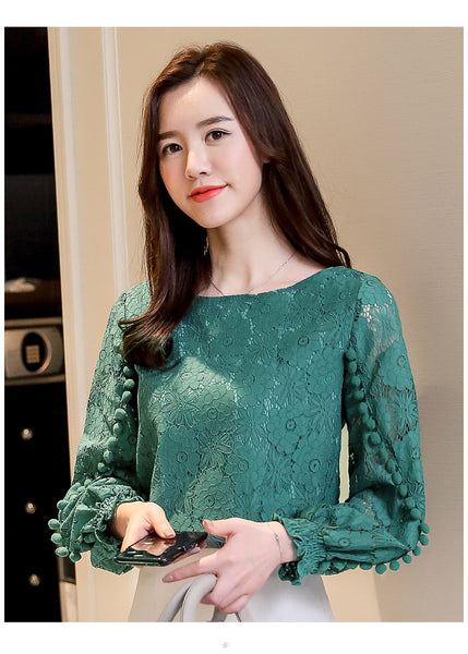 2022 Autumn 3/4 Sleeve O Neck Hollow Out Yellow Lace Blouses Women Hollow Out Green Lace Shirts Lady 3/4 Sleeve White Lace Tops