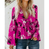 2022 Autumn Blouse Women Tops Deep V-Neck Floral Print Shirts Elegant Long Flare Sleeves Blusas Femininas Streetwear WS9242V