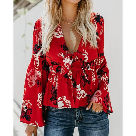 2022 Autumn Blouse Women Tops Deep V-Neck Floral Print Shirts Elegant Long Flare Sleeves Blusas Femininas Streetwear WS9242V