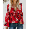2022 Autumn Blouse Women Tops Deep V-Neck Floral Print Shirts Elegant Long Flare Sleeves Blusas Femininas Streetwear WS9242V