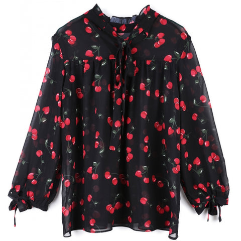 2022 Autumn Long Lantern Sleeve Cherry Chiffon Blouses Women Fashion Cherry Chiffon Shirts Women Loose Cherry Chiffon Tops