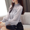 2022 Autumn Long Lantern Sleeve Stand Collar Shiny Chiffon Blouses Women Lantern Sleeve Transparent Chiffon Shirts Tops Lady