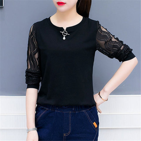 2022 Autumn Long Sleeve Lace Shirts Women elegant Office Blouse White Slim Tops Fall O Neck Casual Lady Blusas work wear B8#