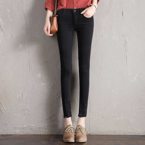 2022 Autumn New Women Ankle-Length Black Jeans for Students Stretch Skinny Female Slim Pencil Pants Denim Solid Ladies Trousers