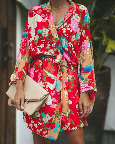2023 Autumn Summer Women Long Sleeve Bohemian Floral Casual Loose Long Blouse Kimono Long Cardigan Flare Sleeve Print Thin Shirt